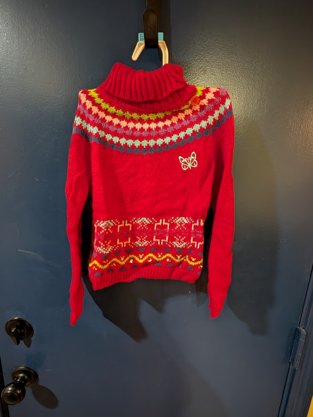 Self Esteem Red Fair Isle Turtleneck Sweater with Butterfly Accent